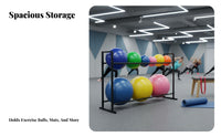 Space-Saving Exercise Ball and Mat Holder Sturdy Metal Frame Stretching Ball Storage Rack Large Capacity Multi-Tier Fitness Shelf for Pilates Studio