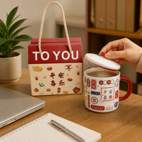 Chinese Style Ceramic Mug with Lid, Large Capacity Enamel-Look Coffee Cup for Office and Home