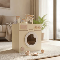 Wooden Washing Machine Toy Front-Loading Pretend Washing Machine Toy Washer Realistic Play Appliance Safe for Children, Playroom