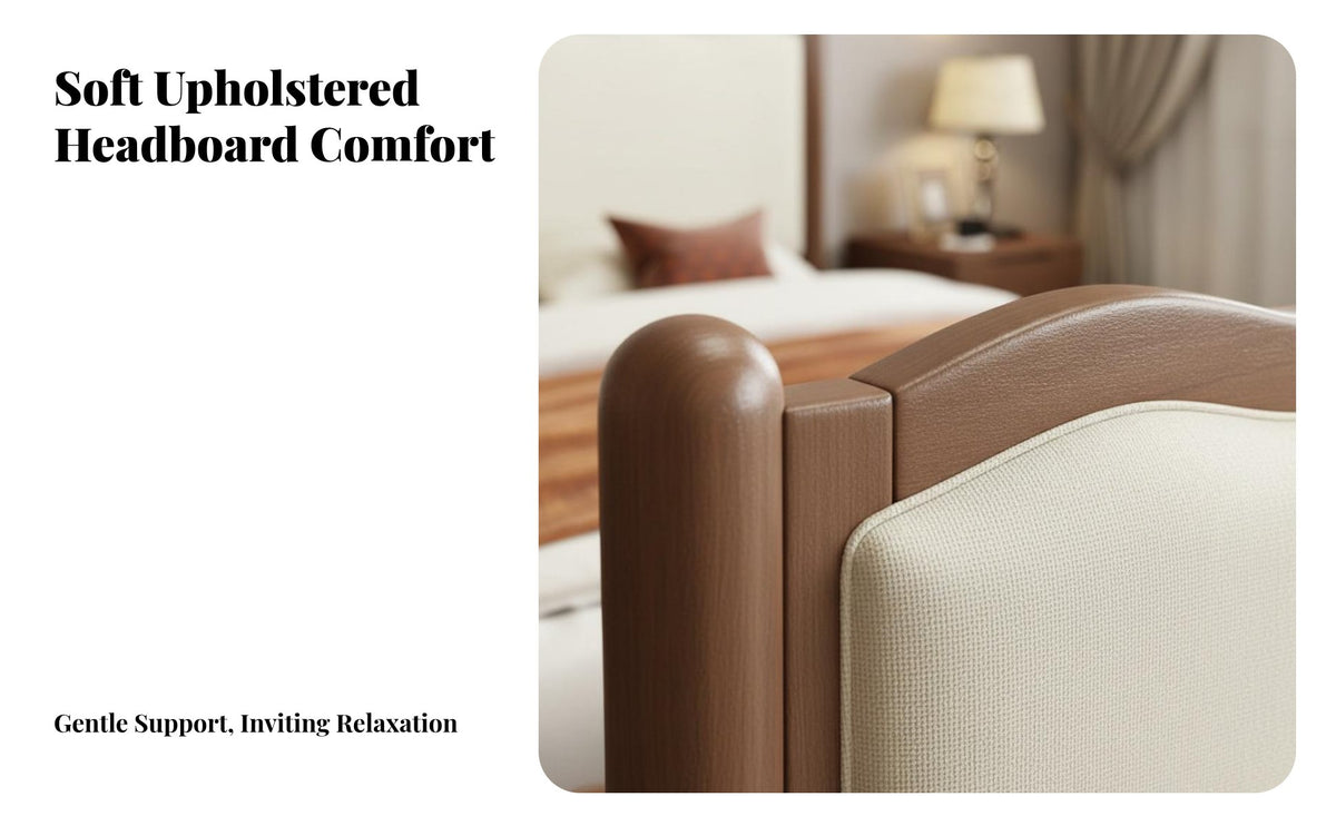 Solid Wood Bed with Upholstered Headboard Sturdy Construction French Design Wooden Bed Frame Firm-Density Foam Padding Bedroom Furniture