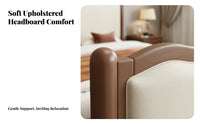 Solid Wood Bed with Upholstered Headboard Sturdy Construction French Design Wooden Bed Frame Firm-Density Foam Padding Bedroom Furniture