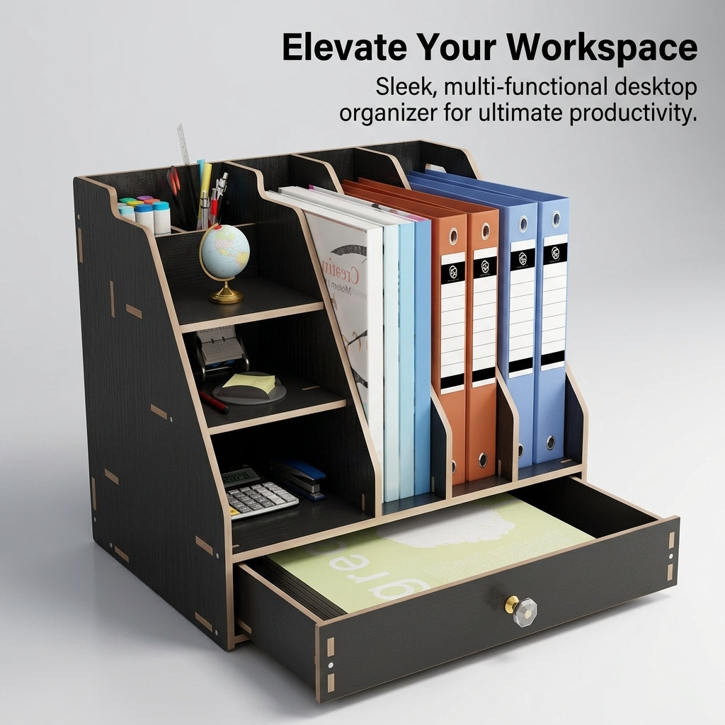 Desk Storage with Drawers, Large Wooden Desktop Drawer Organizer with Compartments for Office Supplies, Tabletop Box for