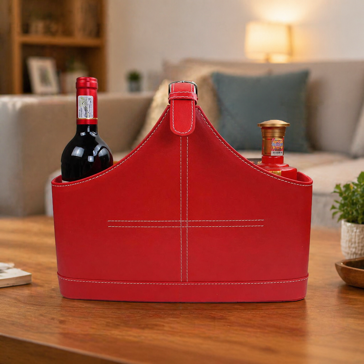 Red Faux Leather Basket, Home Storage Basket with Handle, Rectangle Bedroom Storage Basket, Open Magazine Blanket Organiser