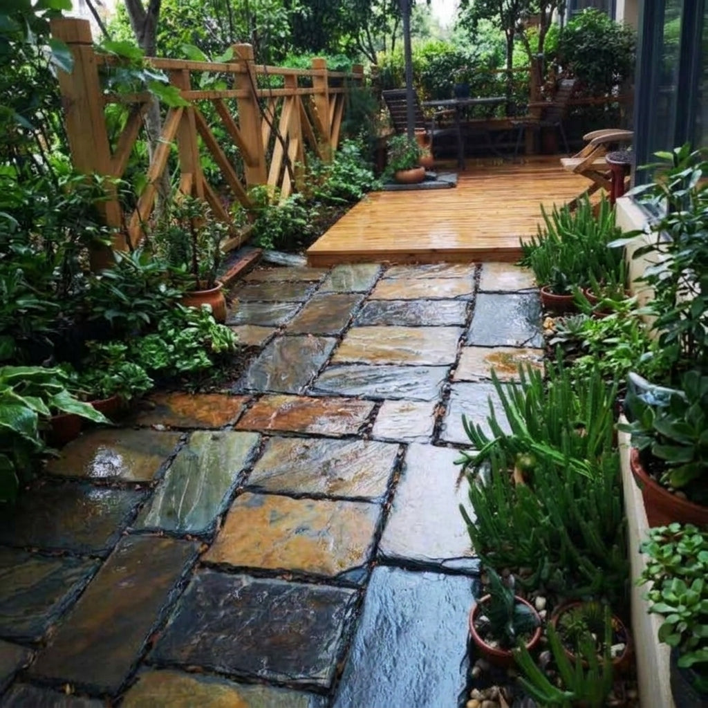 Irregular Stepping Stones Garden, Multi-Color Stone Slabs for Garden Pathways, Weather Resistant Outdoor Paving, Slip Resistant Lawn Stepping Stones