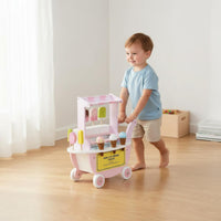 Realistic Design Wooden Ice Cream Trolley Rollable Wheels Kids Ice Cream Stand Social Interaction for Playroom
