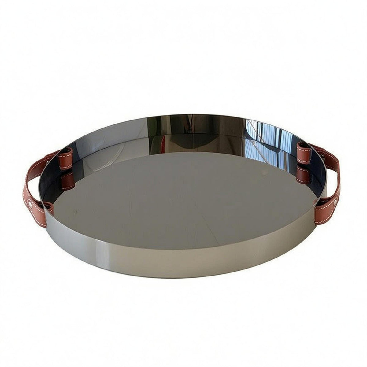 Leather Handled Tray Stainless Steel Mirrored Tray Shallow Rim Serving Platter for Tabletop Display