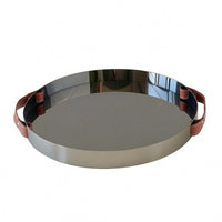 Leather Handled Tray Stainless Steel Mirrored Tray Shallow Rim Serving Platter for Tabletop Display