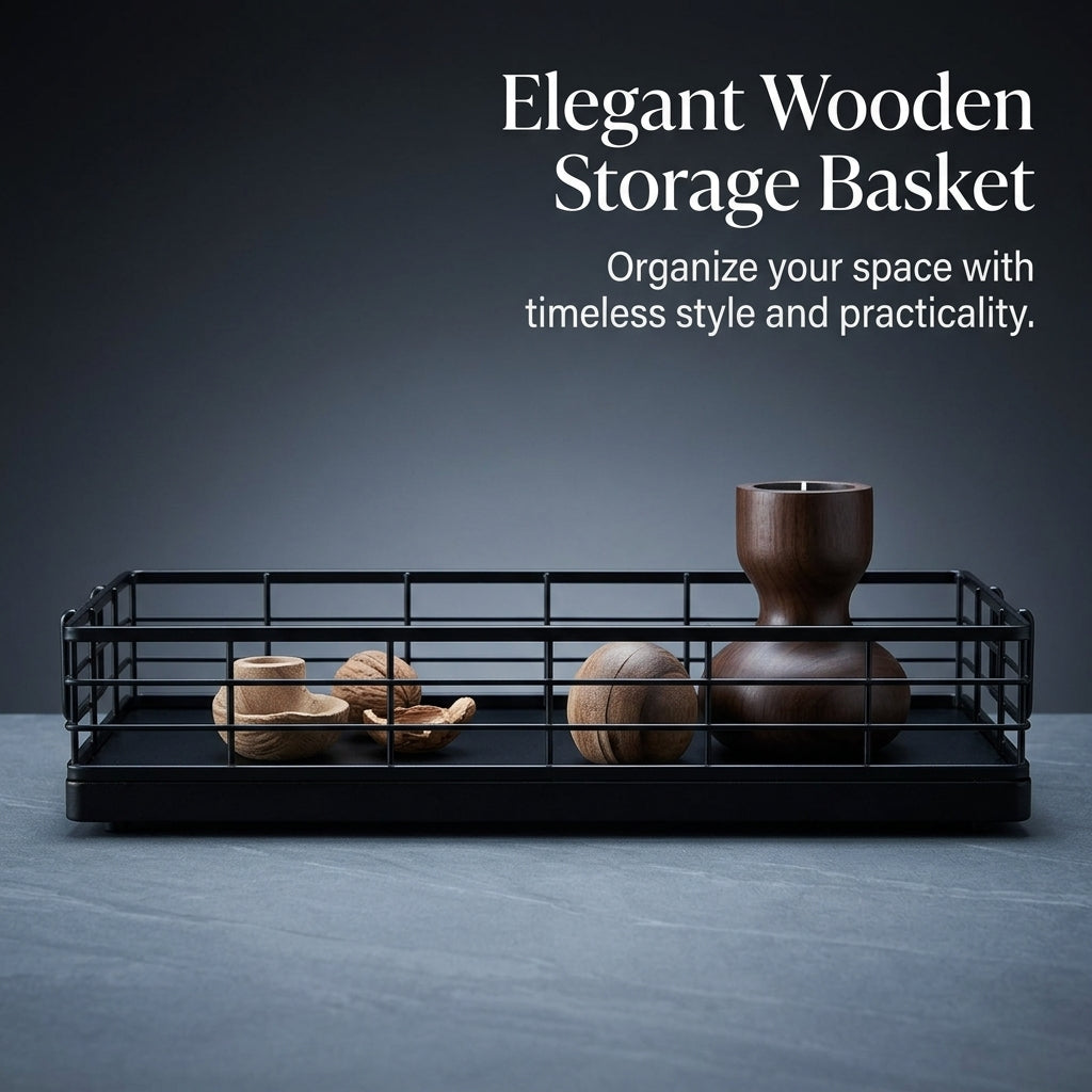Bathroom Storage Baskets with Wooden Handle for Shelves, Woven with Metal Wire Frame, Portable Organizer for Countertop and Kitchen