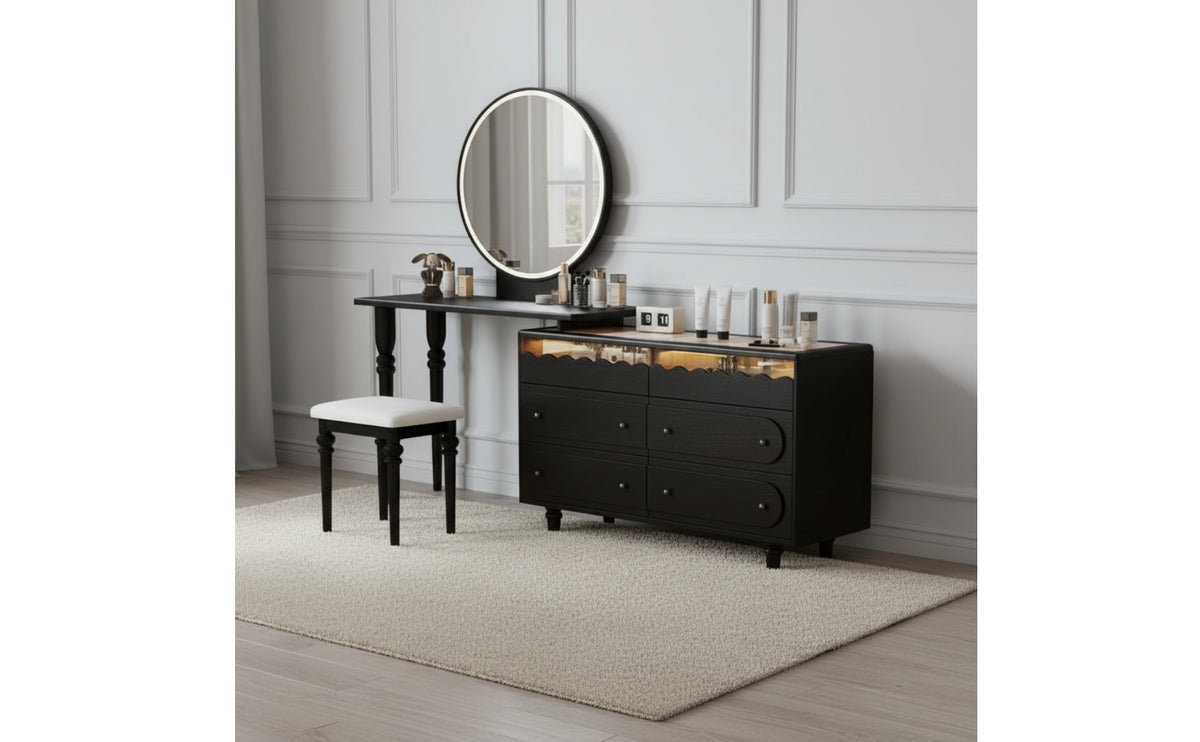 Vintage French Design Extendable Dressing Table Large Storage Capacity Retractable Makeup Table with Chest Multi-Functional Solid Wood Vanity Desk 3 Color Adjustable LED Light for Small Areas
