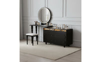 Vintage French Design Extendable Dressing Table Large Storage Capacity Retractable Makeup Table with Chest Multi-Functional Solid Wood Vanity Desk 3 Color Adjustable LED Light for Small Areas