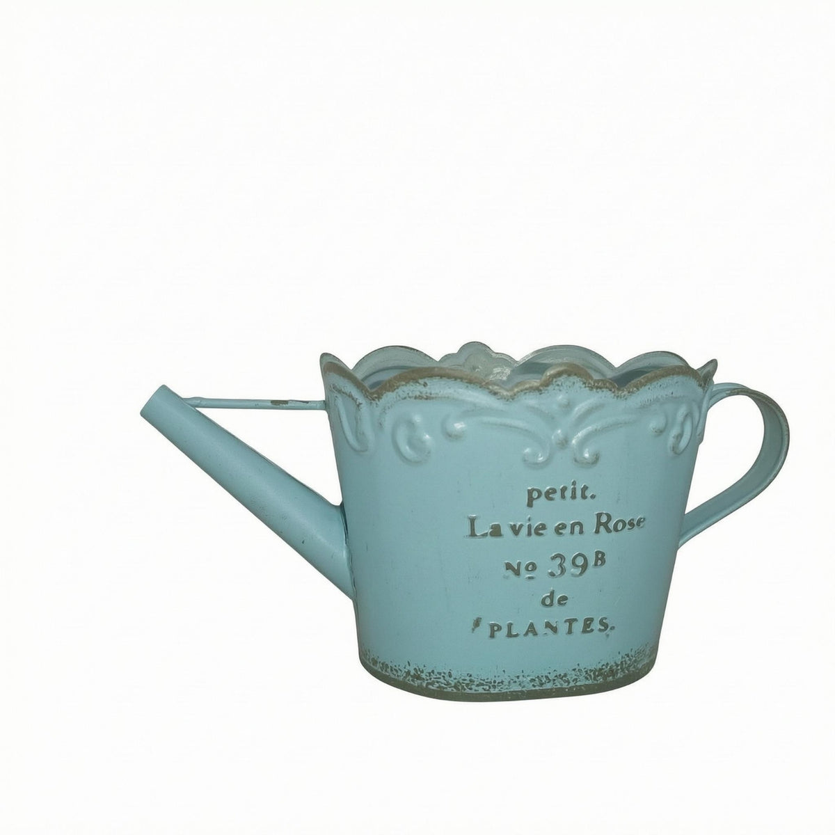 Scalloped Rim Watering Can Planter Side Handle Metal Flower Planter Long Spout Distressed Gold Watering Can Printed Lettering