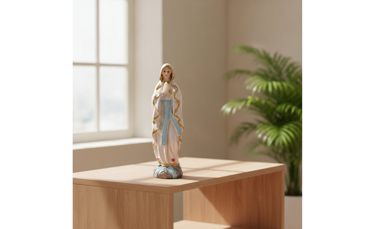 Resin Figurine with Pedestal Golden Base-Trimmed Hand-Painted Religious Statue Standing Christian Figurine for Prayer Corner, Altar, Mantel