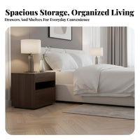 Minimalist design Nightstand with Drawers and Shelf Walnut Finish Single-Drawer End Table with Open Shelf Modern Design Bedroom Furniture Spacious Storage for Homeowners, Renters, Adults, Bedside, Guest Room