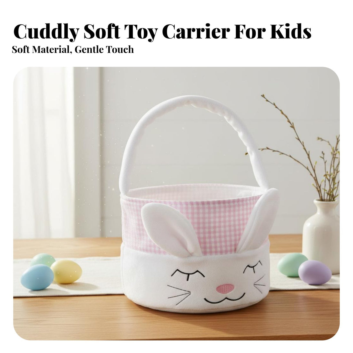 Bunny Easter Basket Easy-Carry Handle Textile Egg Gathering Basket Lightweight Furry Hare Tote for Kids, Young Children