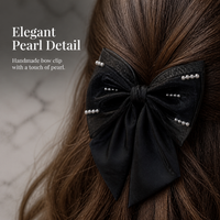Mesh Pearl Black Bow Hair Clip for Women, Elegant Satin Top Clip Hair Accessory