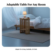 Japanese design dual-level Round Nightstand Rattan Weave Design 2-Tier circular table Rounded Edges Household Furniture Space-Saving for Apartment Dwellers, Homeowners, Adults, Living Room, Bedroom, Small Spaces, Hallway