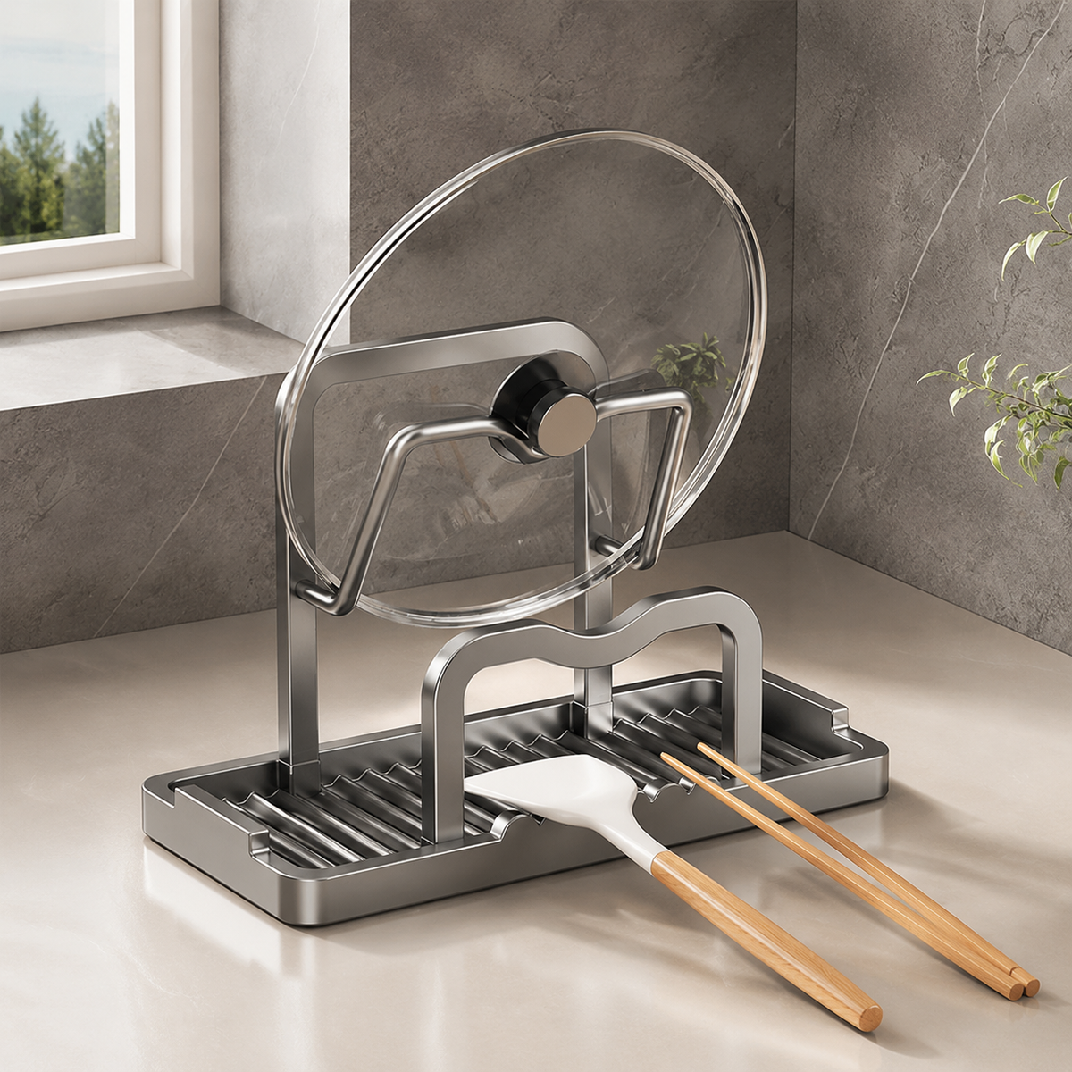 Modern Minimalist Dish Drainer Rack, Gunmetal Grey Aluminum Utensil Holder with Drip Tray, Freestanding Pot Lid Drying Rack for Small Flats