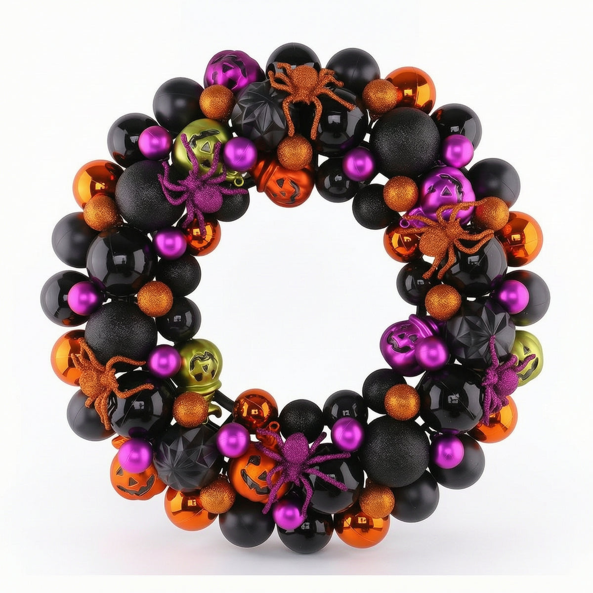 Halloween Ball Wreath Black Bead Wreath with Arachnids Metal-Effect Door Hanging for Mantel