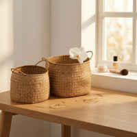 Handwoven Rattan Basket Finish Home Organizer Look for Desktop, Display