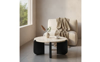 Round Coffee Table with Wood Base Low-Profile Travertine Coffee Table Minimalist Furniture for Living Room, Apartment, Balcony