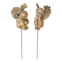 2 Pieces Gilded Angel Pot Decorations Imitation Copper Finish Cherub Garden Stakes Weather Resistant Cherub Plant Picks for Lawn