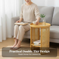 Japanese design dual-level Round Nightstand Rattan Weave Design 2-Tier circular table Rounded Edges Household Furniture Space-Saving for Apartment Dwellers, Homeowners, Adults, Living Room, Bedroom, Small Spaces, Hallway