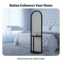 Freestanding Design Arched Woven Divider with Shelf Portable Arched Rattan Partition Japandi Design Privacy Screen Light-Filtering for Apartment Dwellers, Homeowners, Renters, Living Room, Entryway, Bedroom, Away Ice
