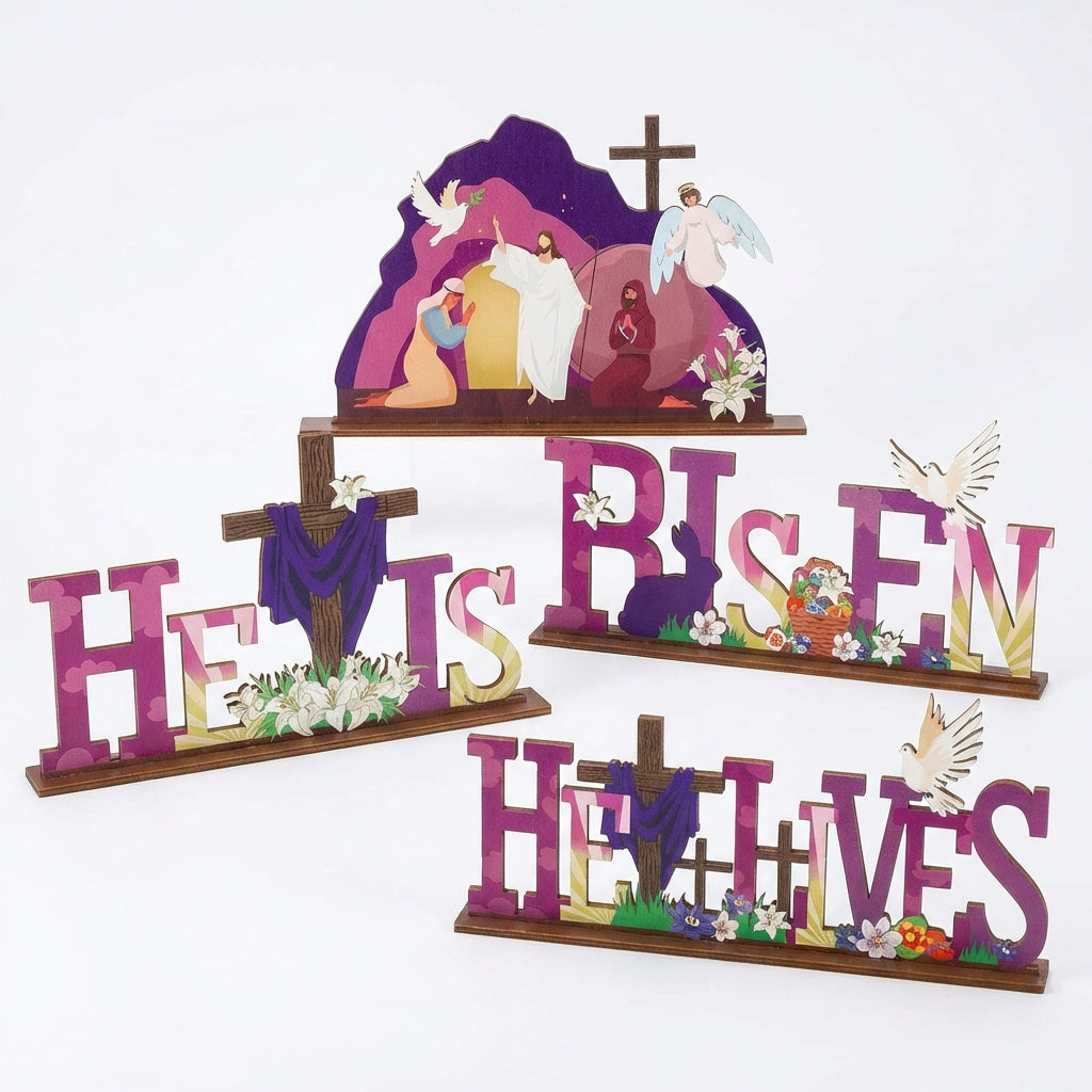 4 Pieces Wooden Easter Table Sign Colorful Design Easter Centerpiece Set Sturdy Wood Christian Wooden Sign for Holiday Decorators, Tiered Tray, Shelf