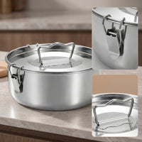 Universal Steaming Pot with Locking Clasps Slimline Stainless Steel Steamer Insert Compact Steamer Basket with Lid Dishwasher Safe for Stockpot