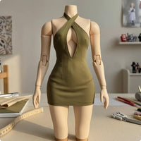 High Stretch Strappy Mini Dress Colorfast Cross Cross Halter Dress Adjustable Back Ties Doll Apparel Curve Flattering