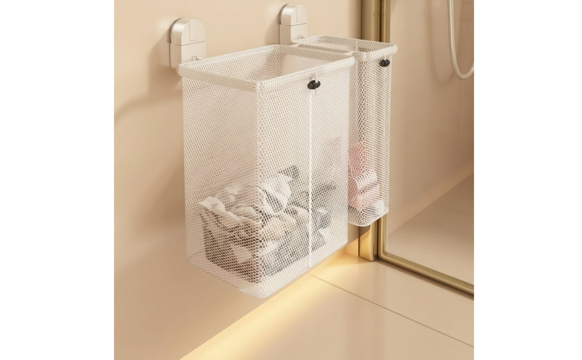 Mesh Hamper with Suction Cups Breathable Foldable Laundry Basket for Washroom, Small Apartments