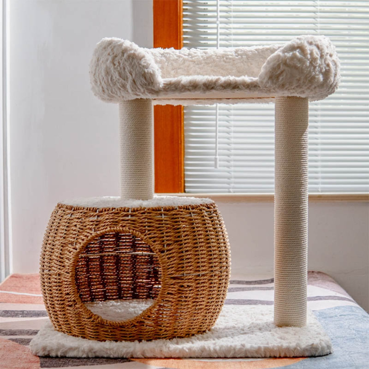 Japanese Style Cat Tree with Woven Bed and Sisal Post