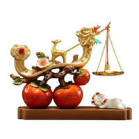 Deer Balance Ornament Gift Box Persimmon Luck Statue Gold Finish Chinese Desk Decor for Newlyweds, Housewarming