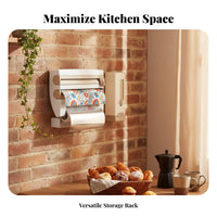 Space-Saving Design Multi-Roll Dispenser with Cutter Easy Assembly 4-in-1 Roll Holder Integrated Seasoning Shelf Kitchen Organizer for Household Chefs, Homeowners, Families, Pantry