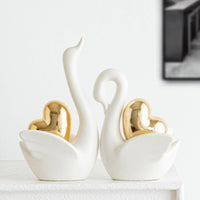 Tall and Short Set Ceramic Swan Figurine Gold Accent Ceramic Swan Decor Matte Decorative Ornament Pair for Living Room, Entryway, Wine Cabinet