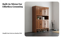 New Chinese Design Entryway Shoe Cabinet with Mirror Multi-Functional Walnut Wood Partition Cabinet Space Saving Multifunctional Hall Organizer Dust-Proof Cabinets for Apartment Dwellers, Homeowners, Families, Foyer, Hallway, Living Room