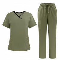 Multiple Pockets V-Neck Scrub Set Drawstring Waist Short Sleeve Nursing Attire Breathable Two-Piece Medical Workwear Soft Material for Dentists, Healthcare Workers, Veterinarians, Oral Health Office, Hospital, Medical Facility