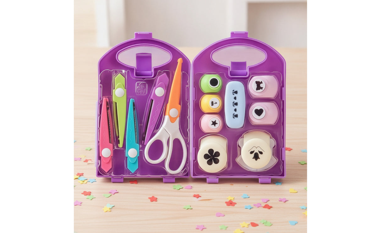 Easy to Use Craft Punch and Scissors Kit Portable Paper Craft Kit with Storage Case Compact Paper Punch Set with Storage Case Hard-Shell for Crafters, Journaling Enthusiasts, Students, Scrapbooking, Card Making, Classroom Projects