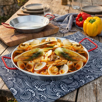 Frying Pan and Salad Bowl for Fried Chicken, 34cm Stainless Steel Pan with Red Handles, No Coating Steel Pan for Paella, 4cm Depth Pasta Pan