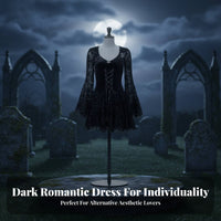 Vintage Inspired Black Bell Sleeve Dress Heart-Shaped Neckline Gothic Mini Dress women's Apparel for Young Adults, Teen Girls, Cosplayers, Halloween Party, Parties, Themed Events, Night Out