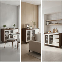 Storage Cabinet with Glass Doors Walnut Cabinet with Glass Doors Wood-Grain Sideboard for Dining Room, Coffee Corner, Apartment