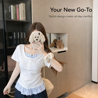 T Shirts for Women UK with Plaid Panel Patchwork Design, Oversized Loose Fit Round Neck Ladies for Work and Office Wear, Short Sleeve Tops