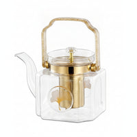 Heat Resistant Borosilicate Glass Teapot Elegant Gold Accents Drinkware Dribble-Free-Clear Spout for Home, Office