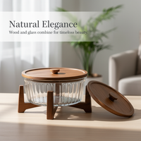 Genuace Glass Fruit Bowl with Lid and Wooden Base for Living Room, Coffee Table, Office