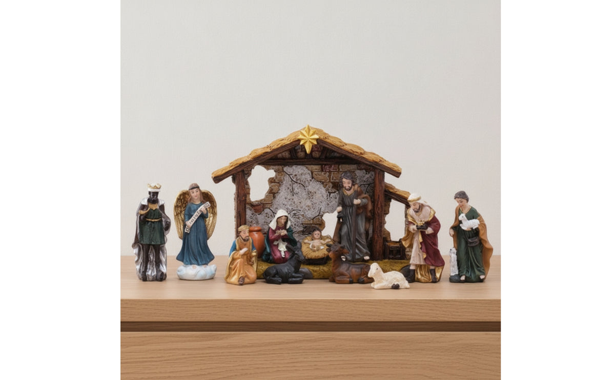 Christmas Nativity Scene Set Holiday Tabletop Nativity Hand-Painted Stable with Figurines Rustic for Collectors, Mantel, Bookshelf