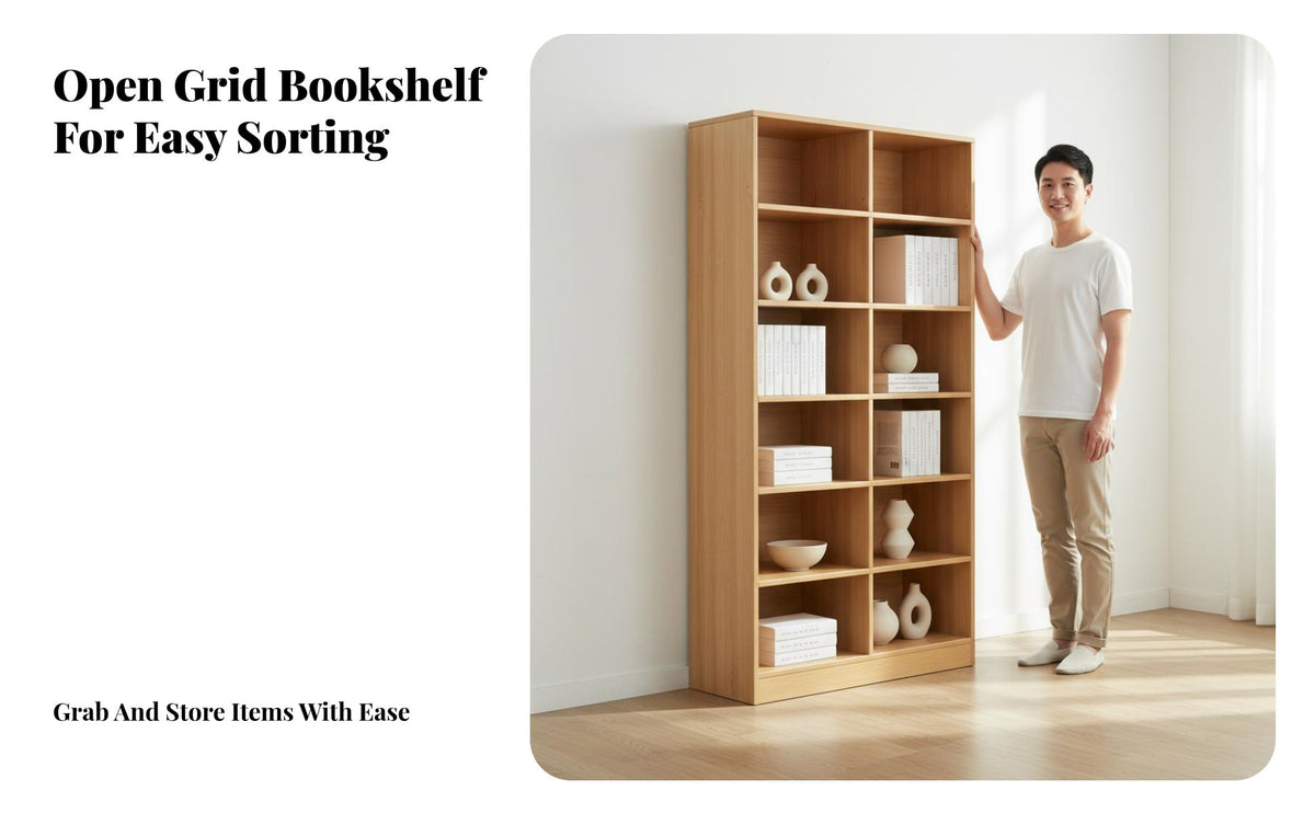 Large Capacity Multi-Compartment Bookshelf Stable Floor-Standing Design Unrestricted Standing Grid Bookshelf Sturdy Construction Cube Storage Organizer Easy to Clean for Book Lovers, Students, Homeowners, Living Room, Home Office, Bedroom