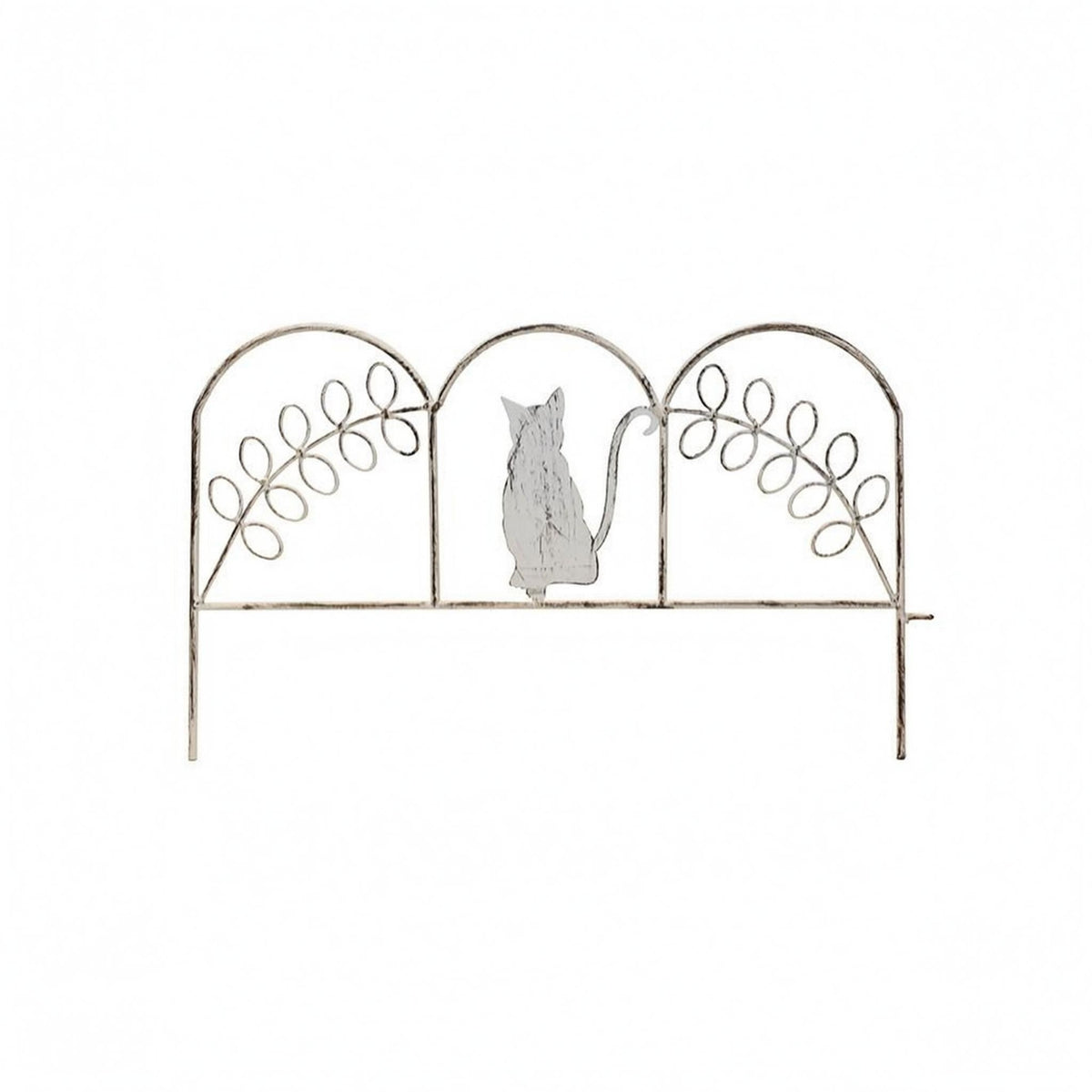 Distressed Finish Feline Fence Ornament Leafy Vine Scrollwork Iron Garden Fence Vintage Feline Iron Ornament Eggshell for Balcony