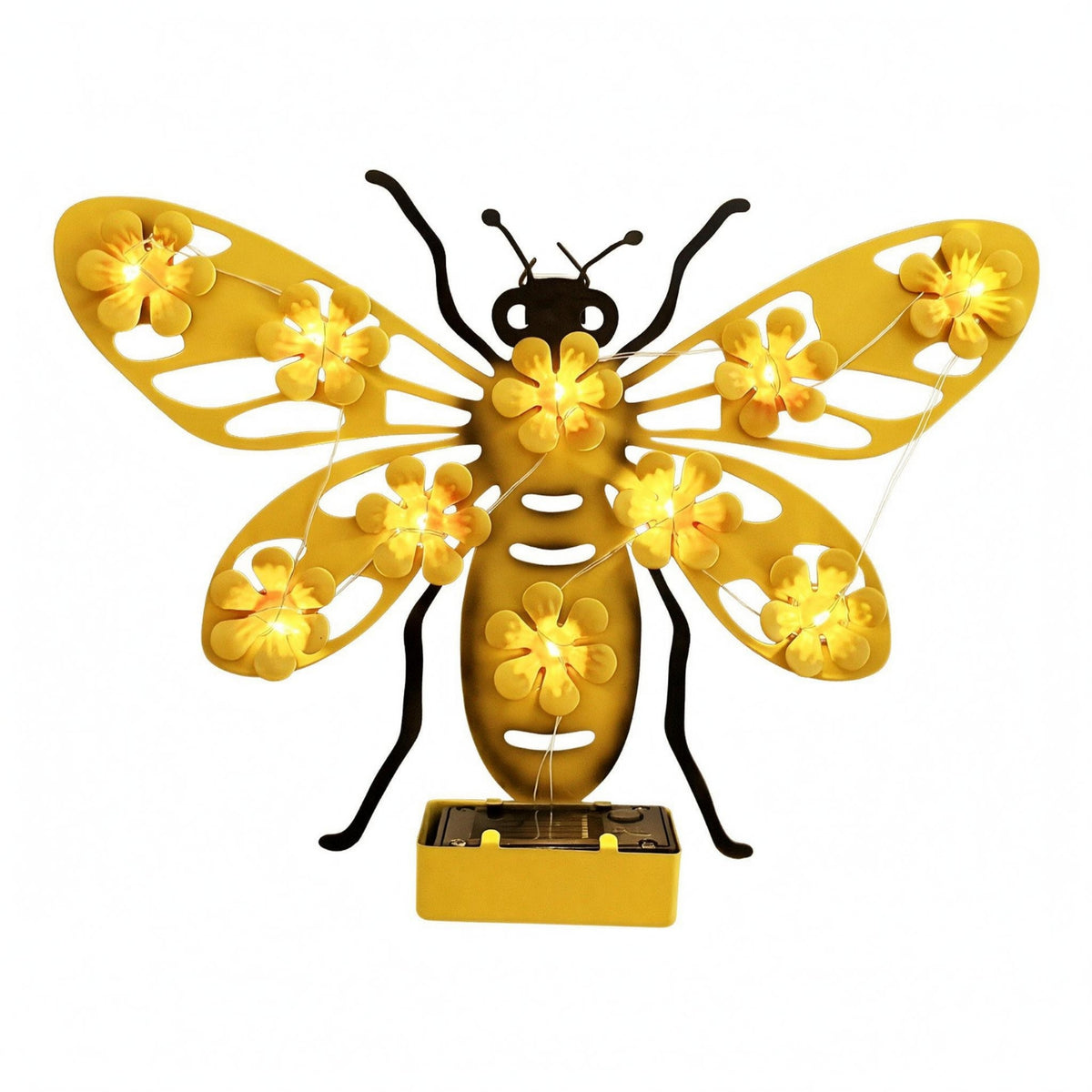 Metal Bee-Shaped Outdoor Wall Light Decorative Iron-Style Frame Solar Bee Wall Light Yellow Yard Decor No Wire Needed for Garden, Courtyard, Exterior Walls
