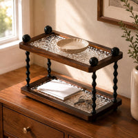 Dark Brown Two-Tier Storage Rack Textured Tabletop Tray Rack Twisted Posts Wooden Tray Organizer Clear for Desk, Vanity, Entryway