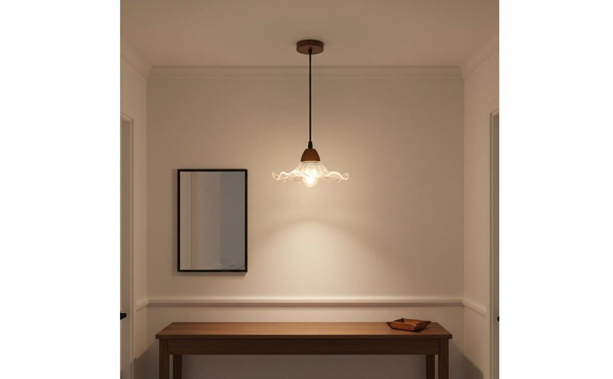 Adjustable Height Retro Design Hanging Light Lamp Long-Lasting Bedside Hanging Light Rustproof Wood Glass Hanging Lamp Flicker-without Flicker for Hallway